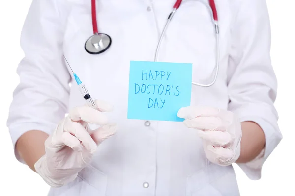 Mani Femminili Che Tengono Carta Con Iscrizione Happy Doctors Day — Foto Stock