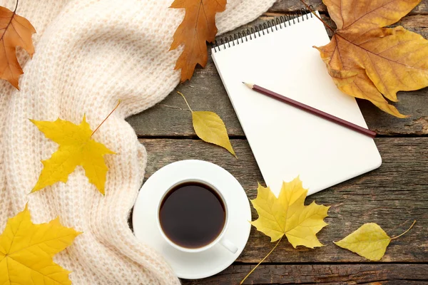 Cup Coffee Knitted Plaid Notebook Pencil Wooden Table — Stock Photo, Image