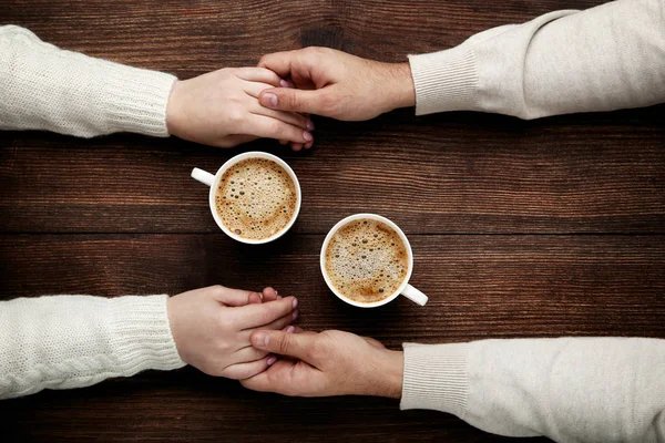 Female Male Hand Holding Each Other Cups Coffee — Stock Photo, Image
