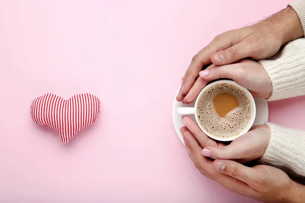 Female Male Hand Holding Cup Coffee Red Heart Pink Background — Stock Photo, Image