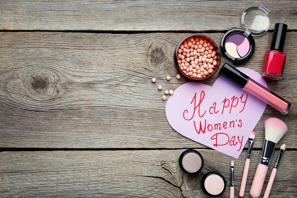 Inscription Happy Women Day Makeup Cosmetics Grey Wooden Table — Stock Photo, Image
