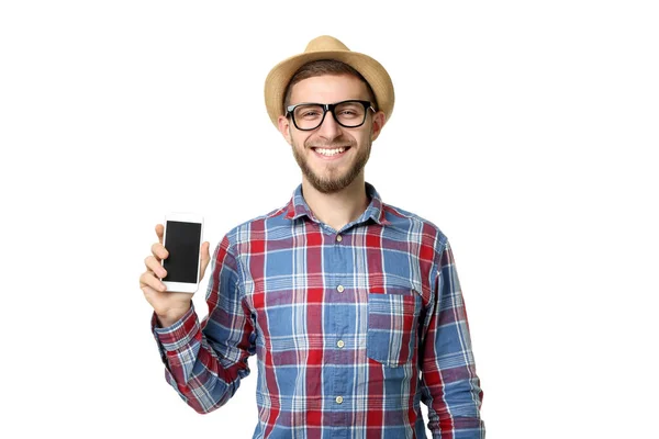 Junger Mann Mit Brille Und Hut Hält Smartphone Auf Weißem — Stockfoto