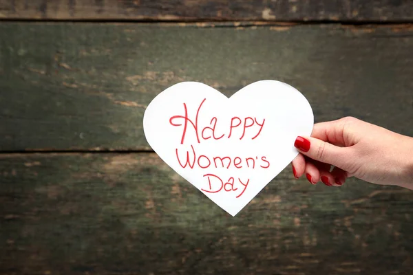 Vrouwelijke Hand Met Kaart Met Inscriptie Happy Women Dag — Stockfoto