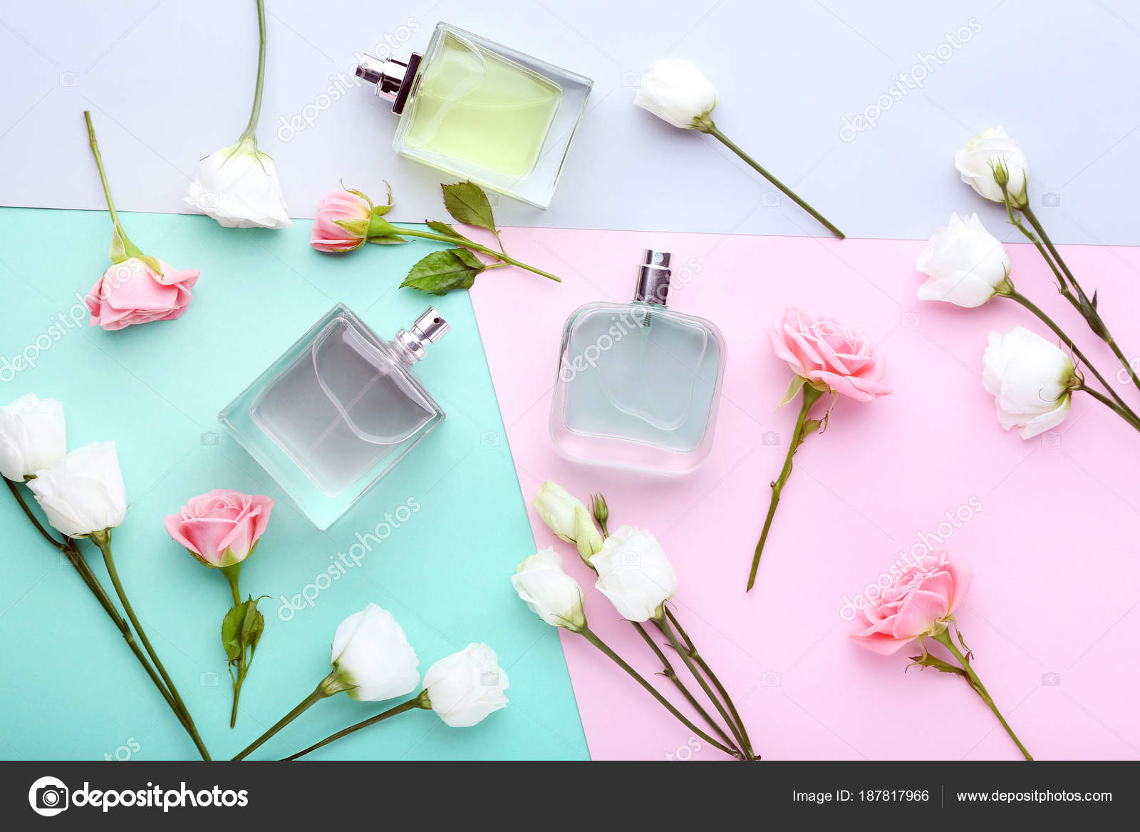 Perfume Bottles Flowers Colorful Background — Stock Photo © 5seconds