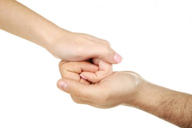 Female and male hand holding each other on white background clipart