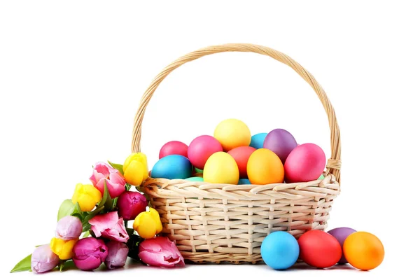 Colorful Easter Eggs Basket Tulips Isolated White — Stock Photo, Image