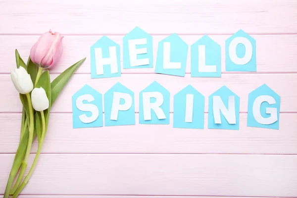 Надпись Hello Spring Tulips Pink Wooden Table — стоковое фото