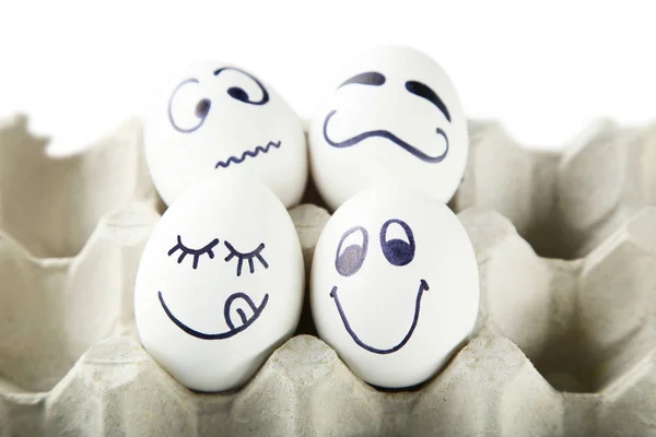 Ovos Com Rostos Engraçados Pacote Caixa — Fotografia de Stock
