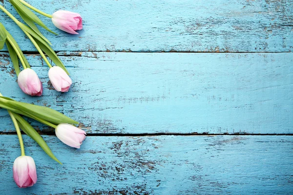 Bouquet Pink Tulips Blue Wooden Table — Stock Photo, Image