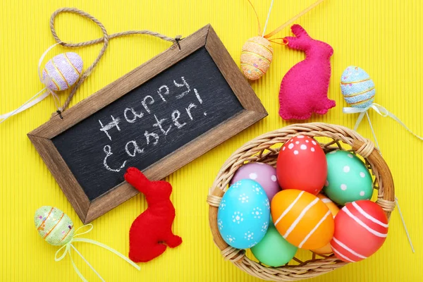 Inscription Happy Easter Wooden Frame Painted Eggs Fabric Rabbits — Stock Photo, Image