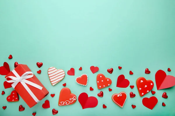 Homemade Valentine Cookies Gift Box Mint Background — Stock Photo, Image