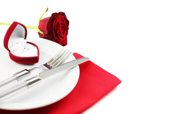 Kitchen Cutlery Silver Ring Red Rose White Background — Stock Photo, Image
