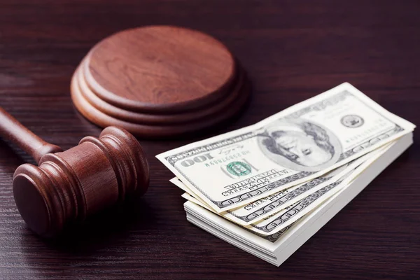 Judge Gavel Dollars Wooden Table — Stock Photo, Image