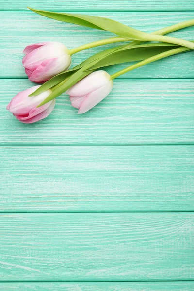 Bouquet Pink Tulips Mint Wooden Table — Stock Photo, Image