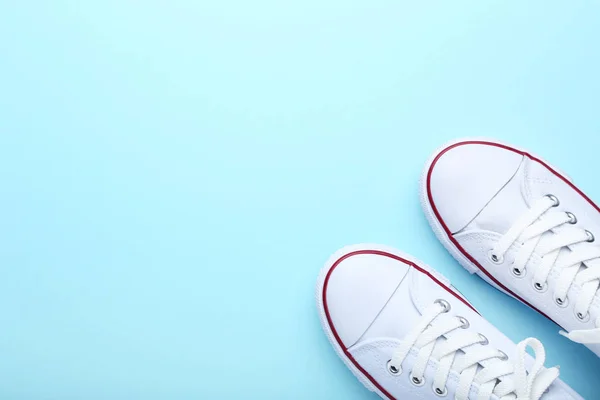 Pair White Sneakers Blue Background — Stock Photo, Image