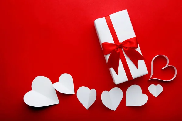 Gift Box White Hearts Red Background — Stock Photo, Image