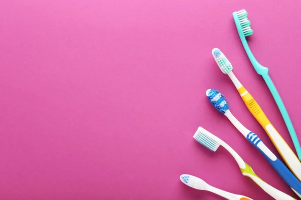 Closeup Colorful Toothbrushes Blue Background Pink Background — Stock Photo, Image