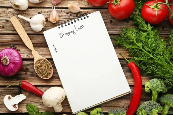 Blank Shopping List Paper Vegetables Wooden Table — Stock Photo, Image