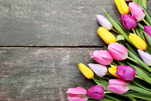 Bouquet Tulips Grey Wooden Table — Stock Photo, Image