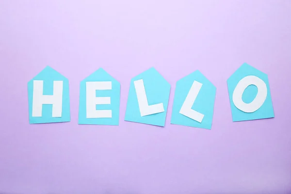 Inscrição Hello Purple Background — Fotografia de Stock