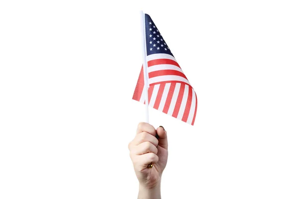 Weibliche Hand Mit Amerikanischer Flagge Auf Weißem Hintergrund — Stockfoto