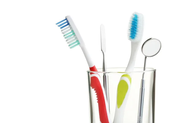 Toothbrushes Dental Tools Glass White Background — Stock Photo, Image