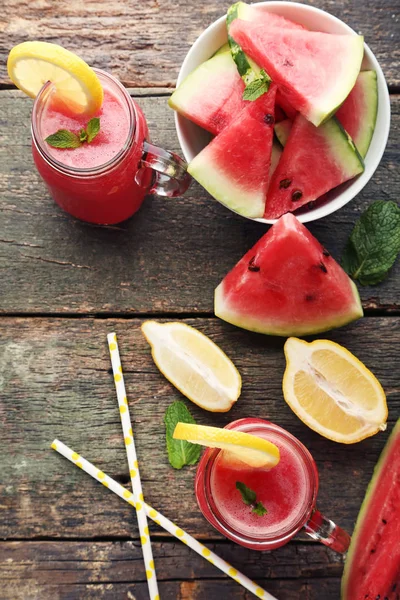 Watermelon Smoothie Glass Jars Wooden Table — Stock Photo, Image