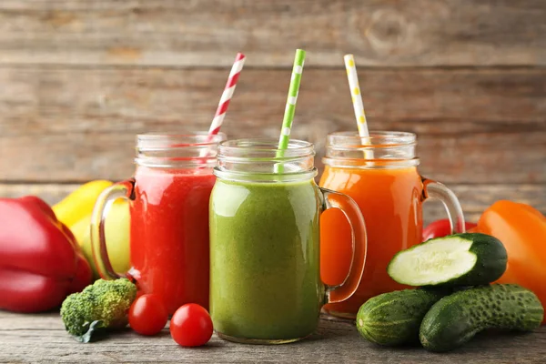 Veggie Frutty Smoothie Jars Wooden Table — Stock Photo, Image