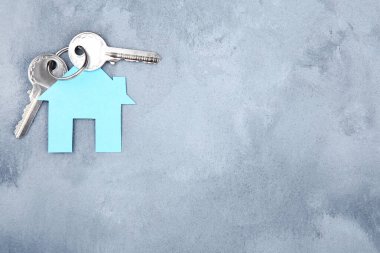 Gri arka planda ev sembolü olan gümüş tuşlar