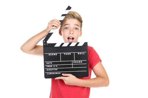 Young boy with clapper board isolated on white background — Stock Photo, Image