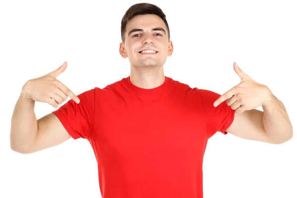 Jongeman toont vingers op zichzelf op een witte achtergrond — Stockfoto