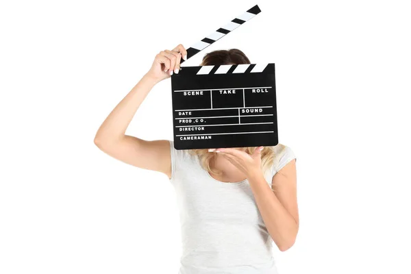 Young woman with blank clapper board on white background — Stock Photo, Image