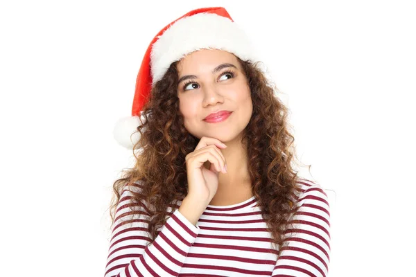 Bella donna americana in cappello di Babbo Natale isolato su sfondo bianco — Foto Stock