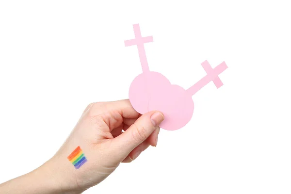 Vrouwelijke hand met tekening regenboog vlag en gender tekenen op wit — Stockfoto