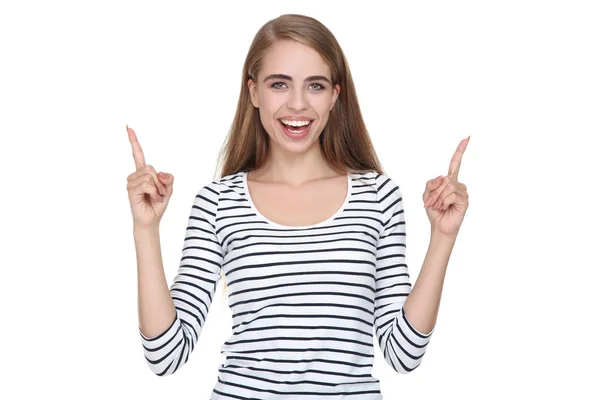 Jong mooi meisje tonen vingers omhoog op wit achtergrond — Stockfoto