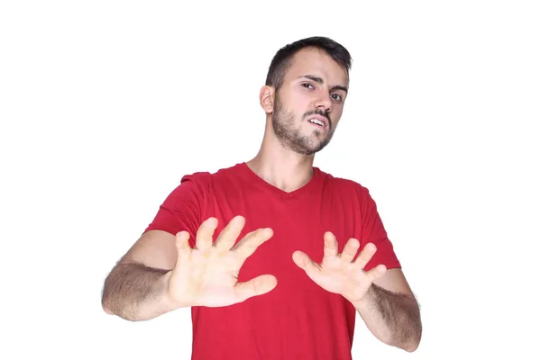 Portret młodego brodatego mężczyzny pokazującego gest stop izolowany na whi — Zdjęcie stockowe