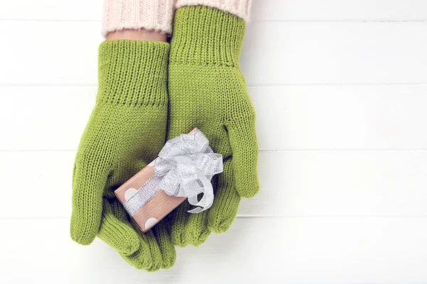 Hands Knitted Mittens Gift Box White Wooden Table — Stock Photo, Image