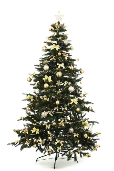 Kerst Dennenboom Met Ornamenten Geïsoleerd Witte Achtergrond — Stockfoto