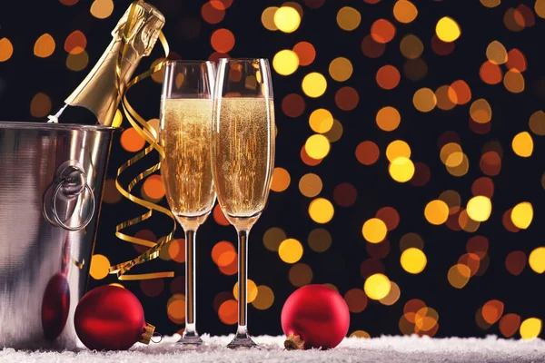 Bottle Glasses Champagne Red Baubles Blurred Lights Background — Stock Photo, Image