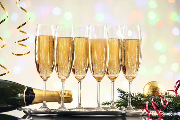 Bottle Glasses Champagne Fir Tree Branches Blurred Lights Background — Stock Photo, Image