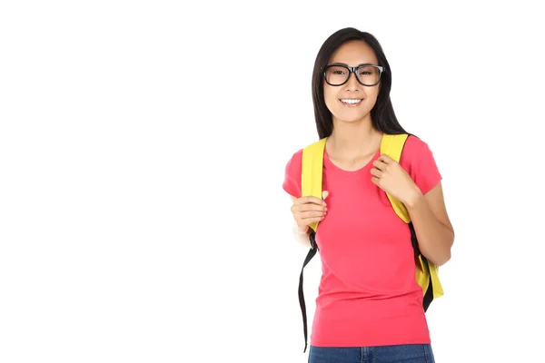 Hermosa Joven Con Mochila Sobre Fondo Blanco — Foto de Stock