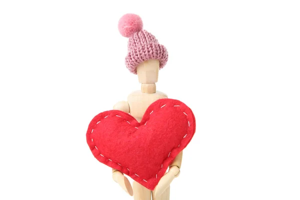 Figura Madera Con Corazón Rojo Sombrero Sobre Fondo Blanco —  Fotos de Stock