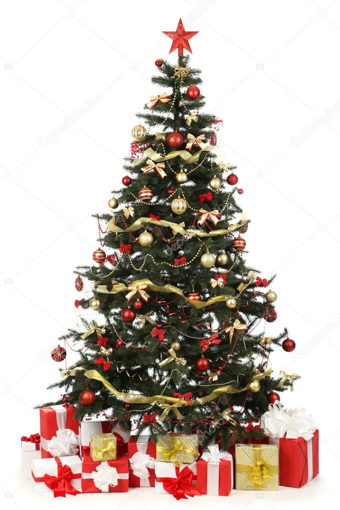Christmas fir tree with ornaments and gift boxes isolated on white background