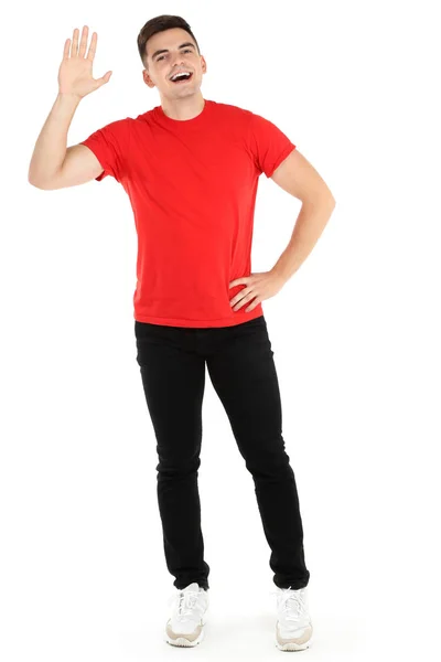 Jovem mostrando gesto de saudação no fundo branco — Fotografia de Stock