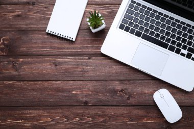 Kahverengi kukuya dizüstü bilgisayarı, faresi ve yeşil bitkisi olan bir bilgisayar