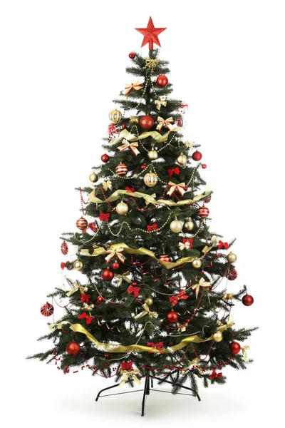 Árvore de Natal abeto com ornamentos isolados no fundo branco — Fotografia de Stock