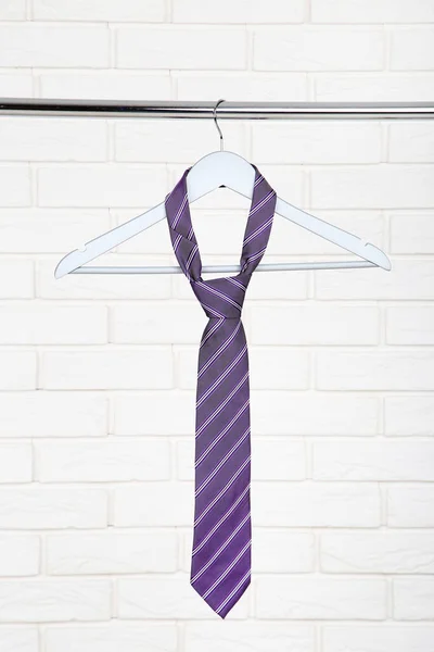 Necktie Hanging Wooden Hanger Brick Wall Background — Stock Photo, Image