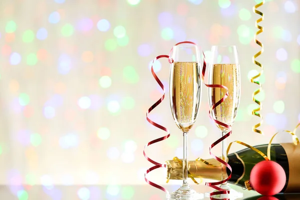 Bottle Glasses Champagne Bauble Ribbons Blurred Lights Background — Stock Photo, Image