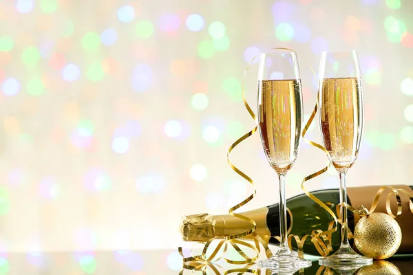 Bottle Glasses Champagne Bauble Ribbons Blurred Lights Background — Stock Photo, Image
