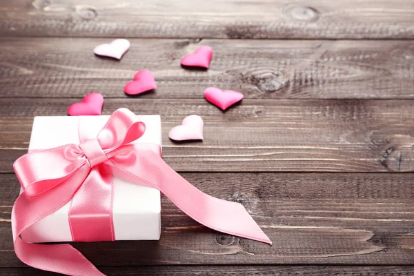 Gift Box Ribbon Hearts Wooden Table — 스톡 사진